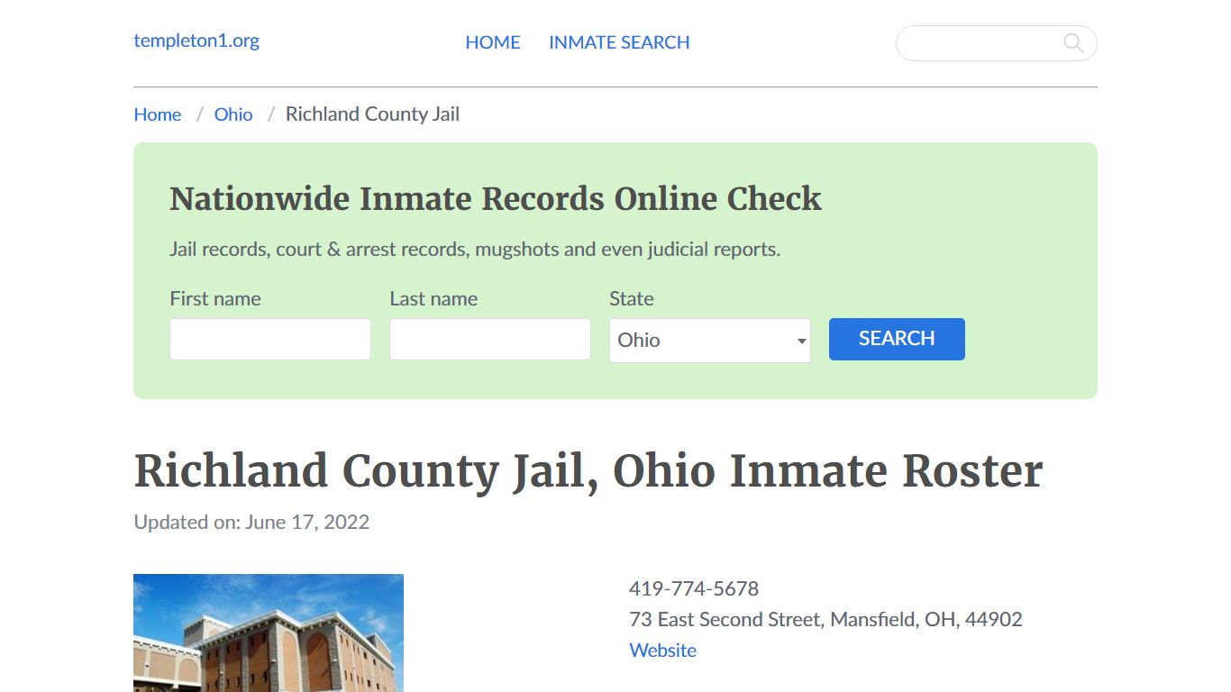 Richland County Jail, Ohio Inmate Booking - Templeton